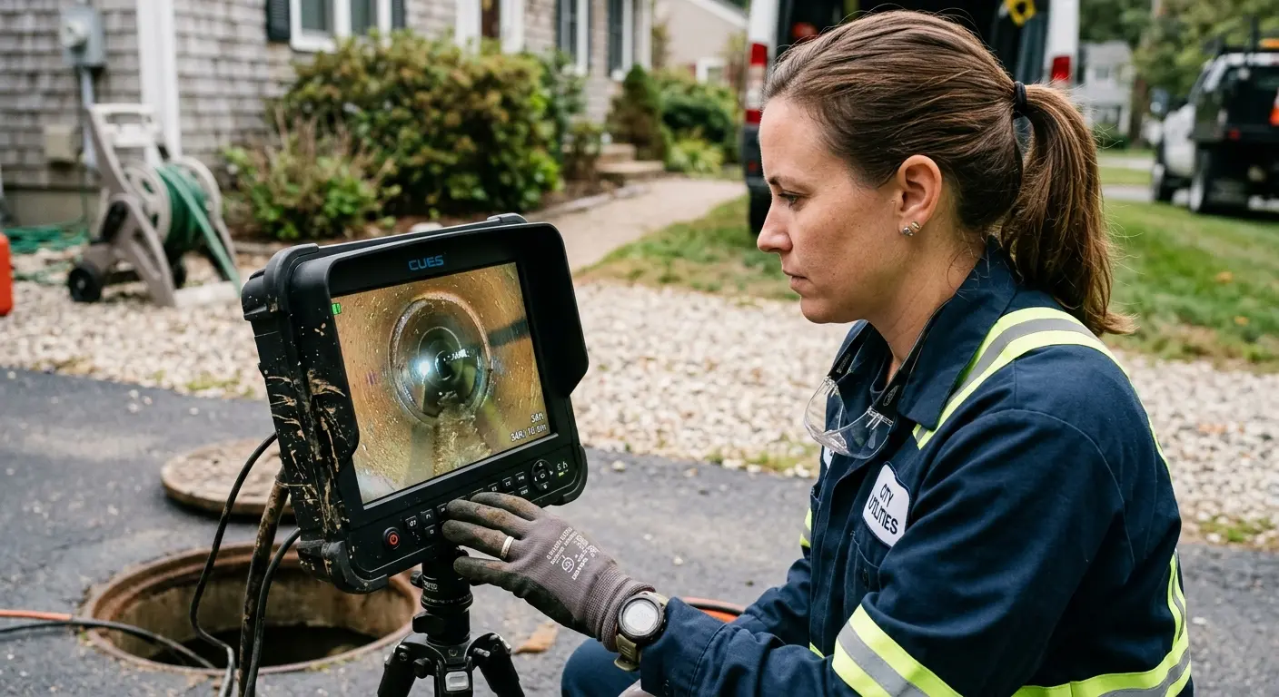 Technician reviewing sewer camera inspection footage in Hamptonburgh