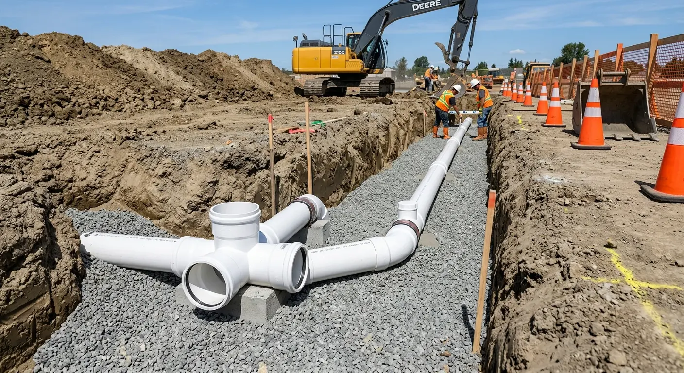 New PVC sewer pipe installation in open trench for Commercial Drain Cleaning in Hamptonburgh