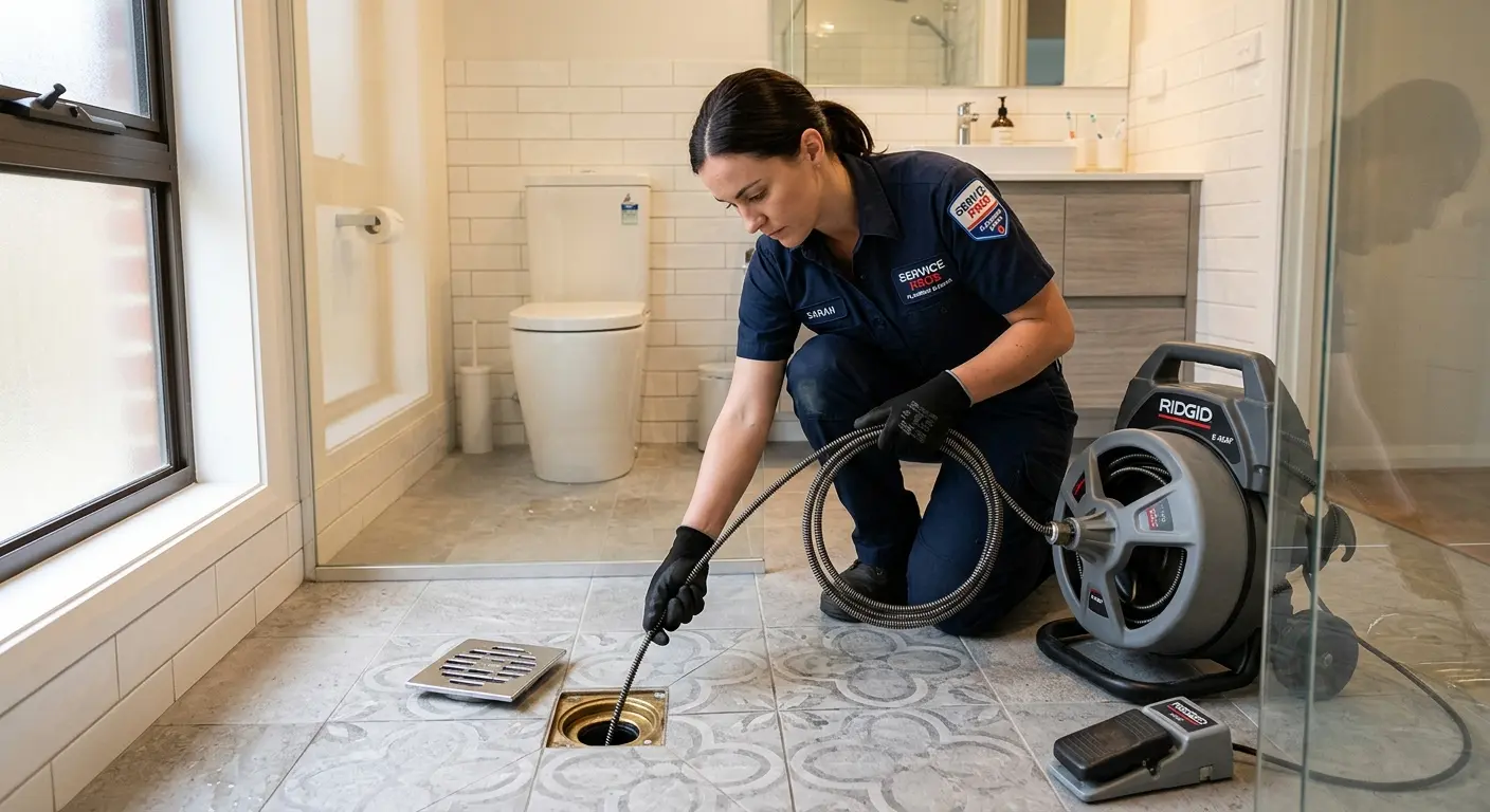 Technician clearing a bathroom floor drain for Sewer Line Replacement in Hamptonburgh